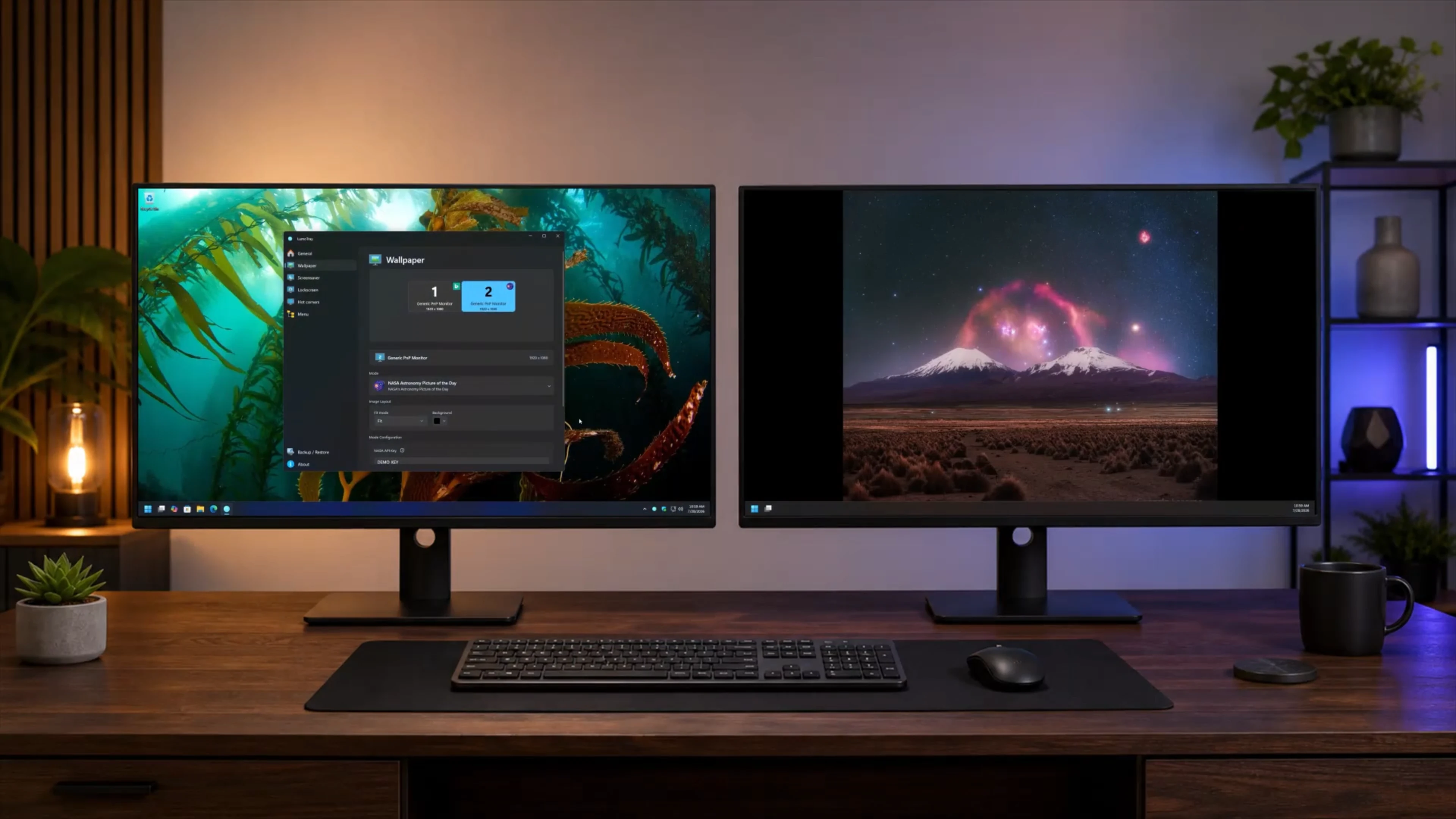 A Windows desk with LumoTray managing different wallpapers on two monitors