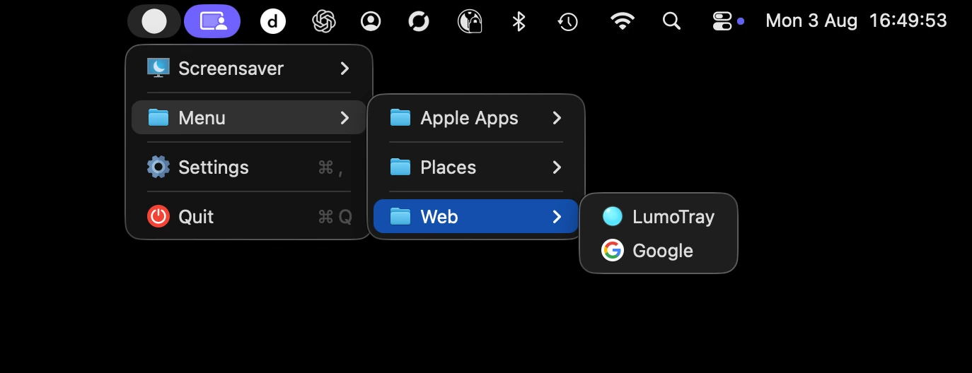 LumoTray custom menu open from the macOS menu bar
